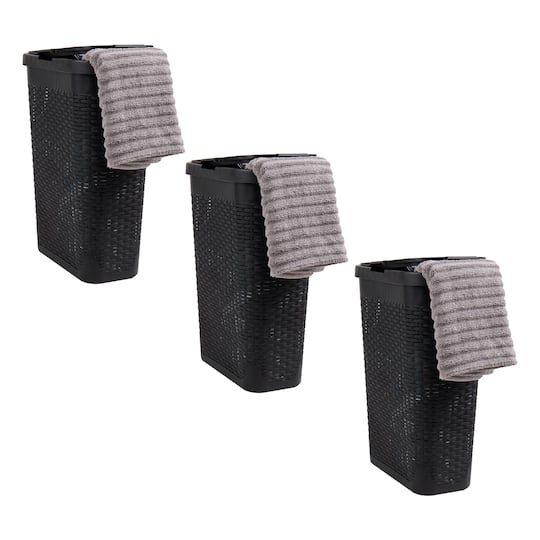Mind Reader 40L Hamper Laundry Basket with Cutout Handles, 3-Pack, Black